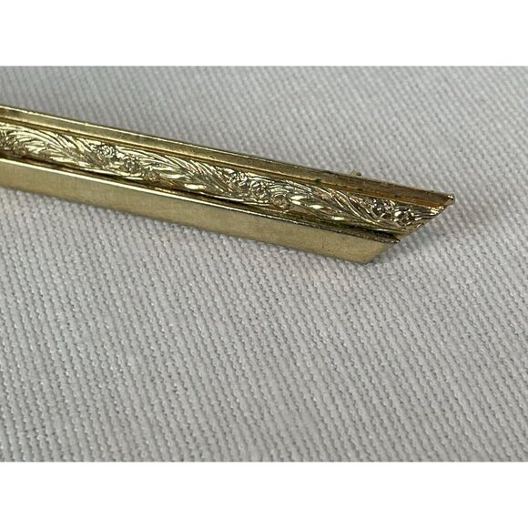 Vintage Bar Shaped Gold Tone Brooch 80s 90s Sphere Etched Floral Art Deco Style - Picture 3 of 8